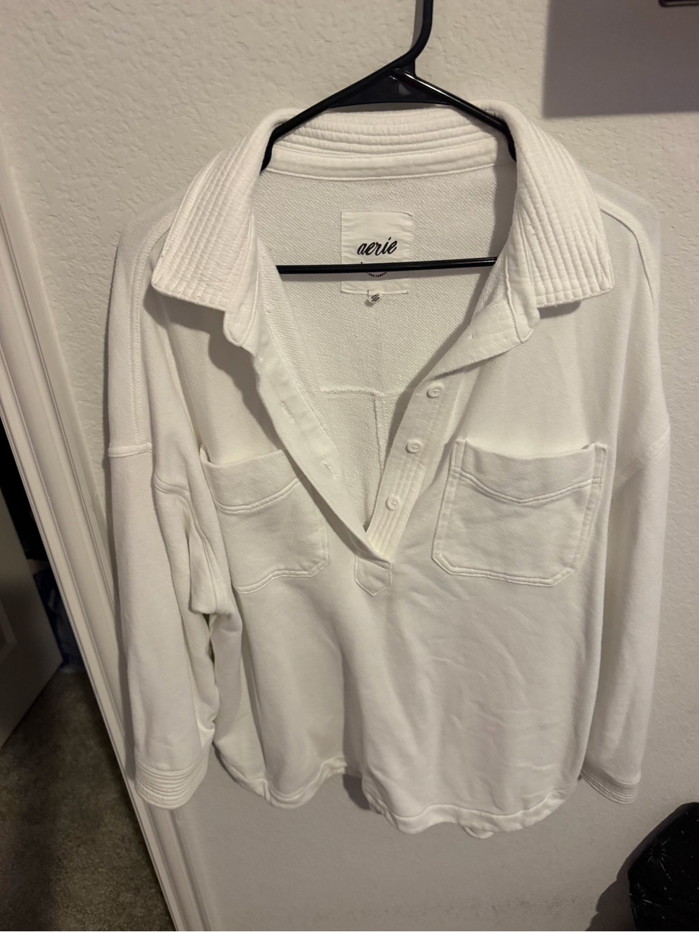 aerie White Long-Sleeve Polo with Dual Chest Pockets